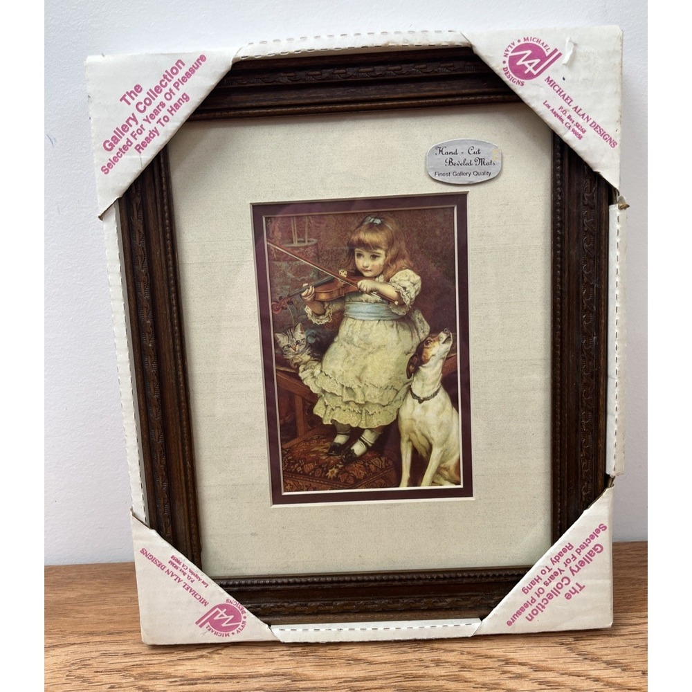Vintage Michael Alan Designs Matted Framed Art Print Picture Girl Violin Dog NEW